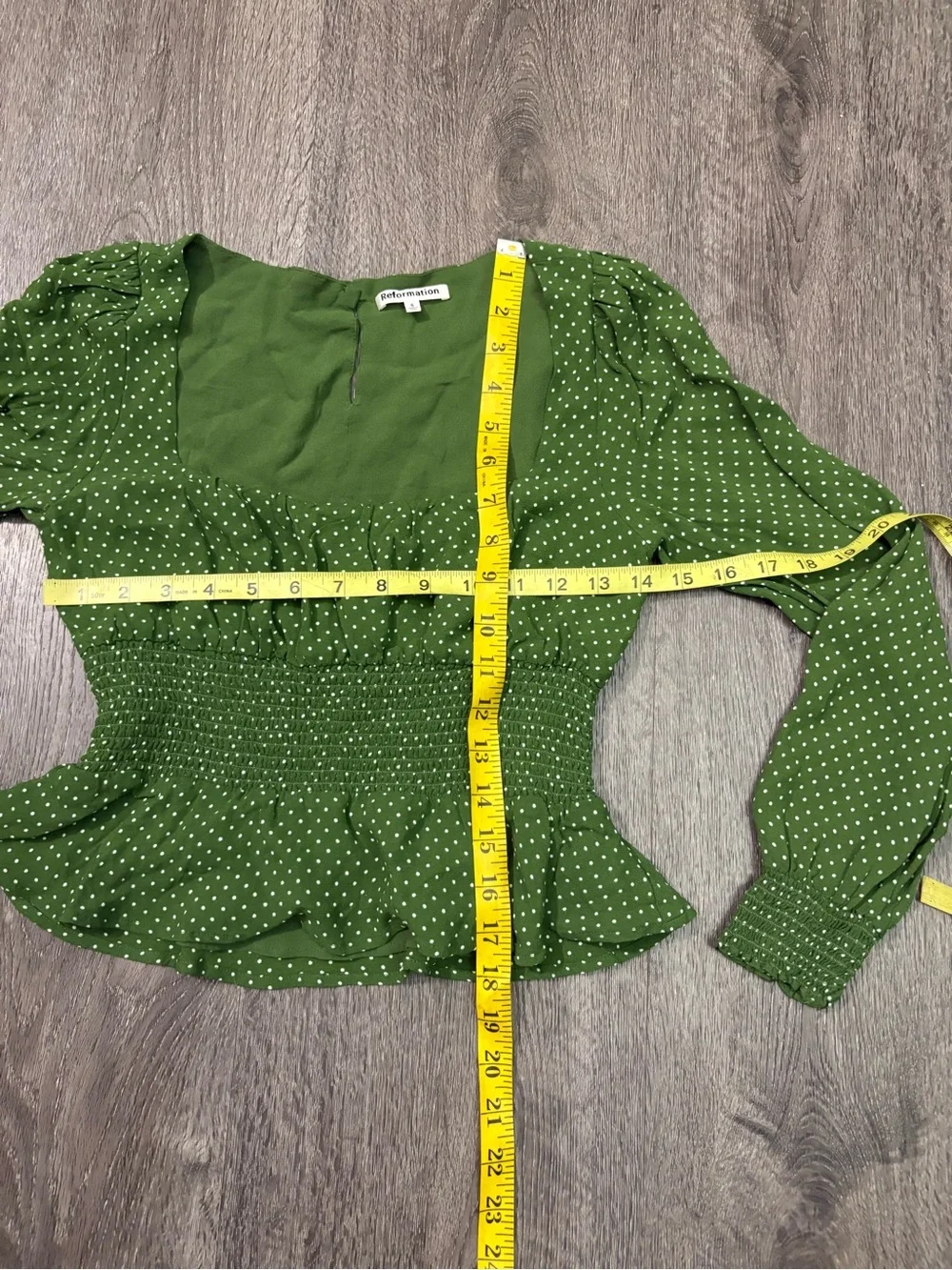 Reformation Size 6 Hearth Green Polka Dot Smocked Blouse Lined Key Hole Back